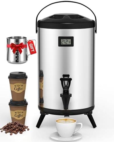 Insulated Beverage Dispenser 2 Gallon, Hot Drink Dispenser with 304 Stainless Steel Interior, Hot Water Dispenser for Parties, Hot Water Urn with Stand for Coffee Chocolate Tea, Silver, Non-electric