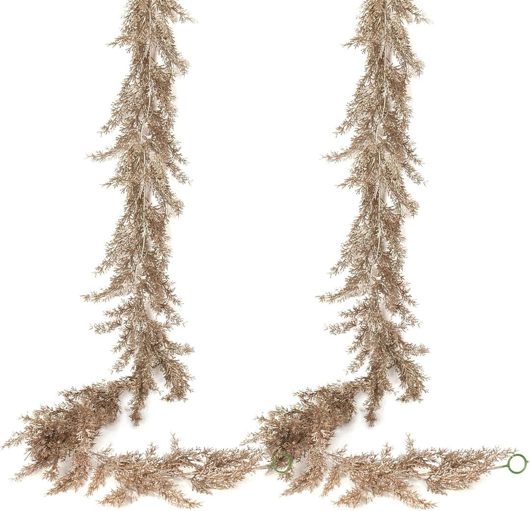 RECUTMS 2Pcs Christmas Artificial Pine Needles Garlands 5.9FT Glitter Champagne Cedar Cypress Garlands Hanging Pine Vines Decor for New Year Wedding DIY Wreath Mantel Window Indoor Outdoor(Pink)