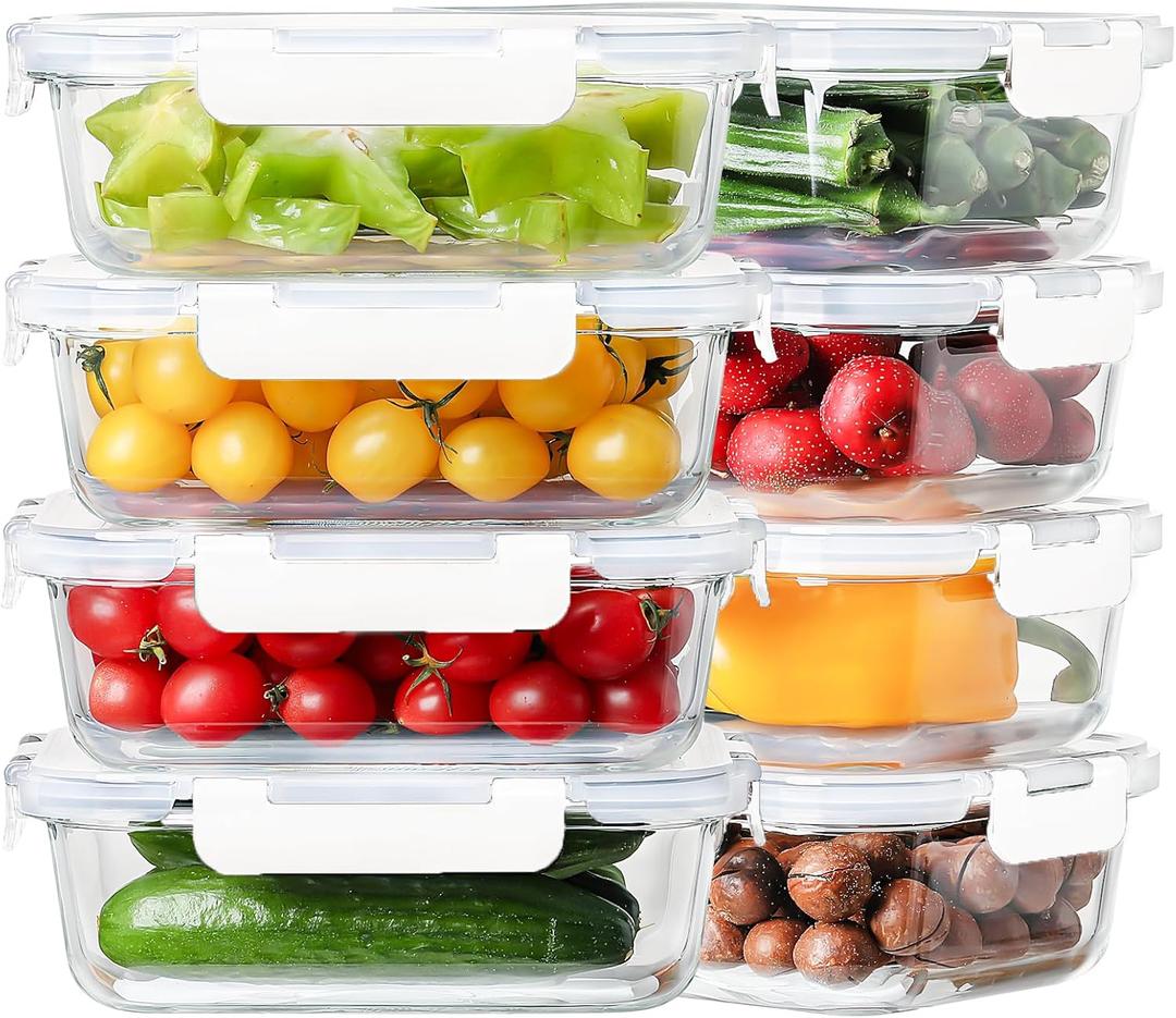 8 Pack 36oz Large Glass Meal Prep Containers with lids, Glass Food Storage Containers with Leak Proof Snap Lock Lids , Airtight Bento lunch Boxes, Kitchen Storage, Oven and Dishwasher Safe-White