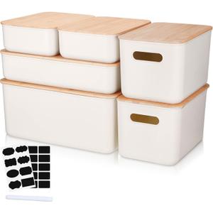 Suzile 6 packs Plastic Storage Bins with Bamboo Lids Stackable Storage Containers for Organizing, with Labels and Marker Document Paper Storage(Medium Large)