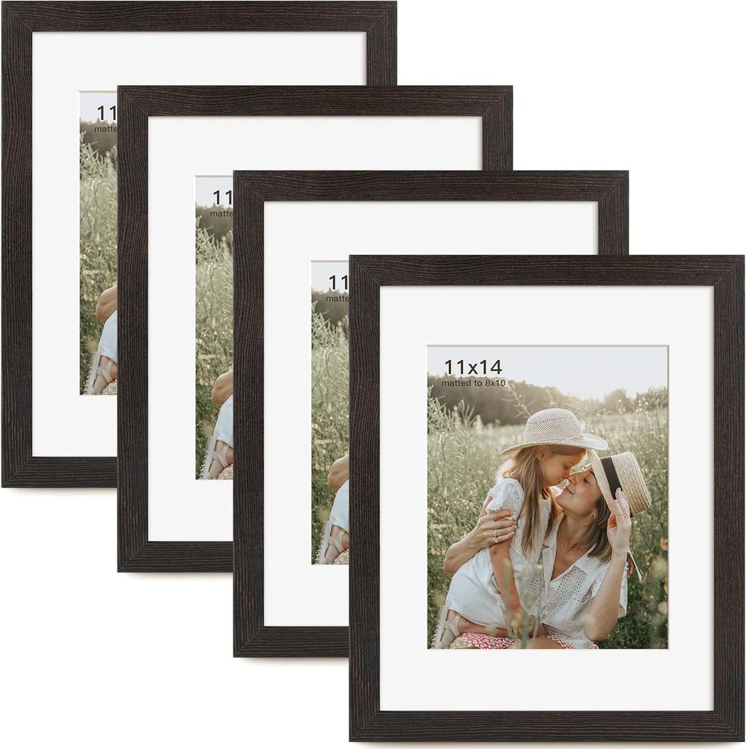 11x14 Picture Frame with Mat for 8x10 Set of 4, Distressed Black Wood Grain 11 x 14 Gallery Wall Picture Frames for Wall Mounting(4 Pack, Black)