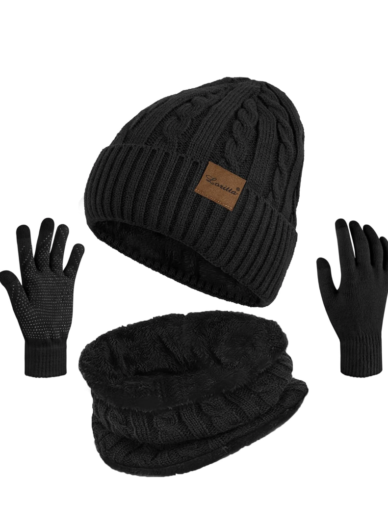 3 Pieces Winter Beanie Hat Scarf Touch Screen Gloves Set Thick Warm Knit Skull Cap Fleece Lined Scarves Gifts for Women