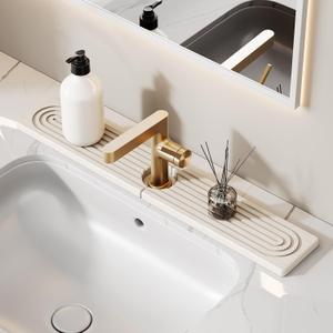 23.6 Inch Stone Faucet Mat for Kitchen Sink Splash Guard - Diatomite Quick Dry Stone Mat Kitchen Sink Protectors, Water-Absorbent Faucet Handle Drip Tray(White, 23.6" x 3.9")