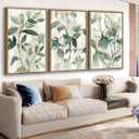 Large Framed Canvas Wall Art - Natural Float Framed Rustic Green Flowers Leaves Pictures Paintings White Grey Artwork Decor for Bedroom Living Room Kitchen Home Office Decoration 48" X 24" Set of 3