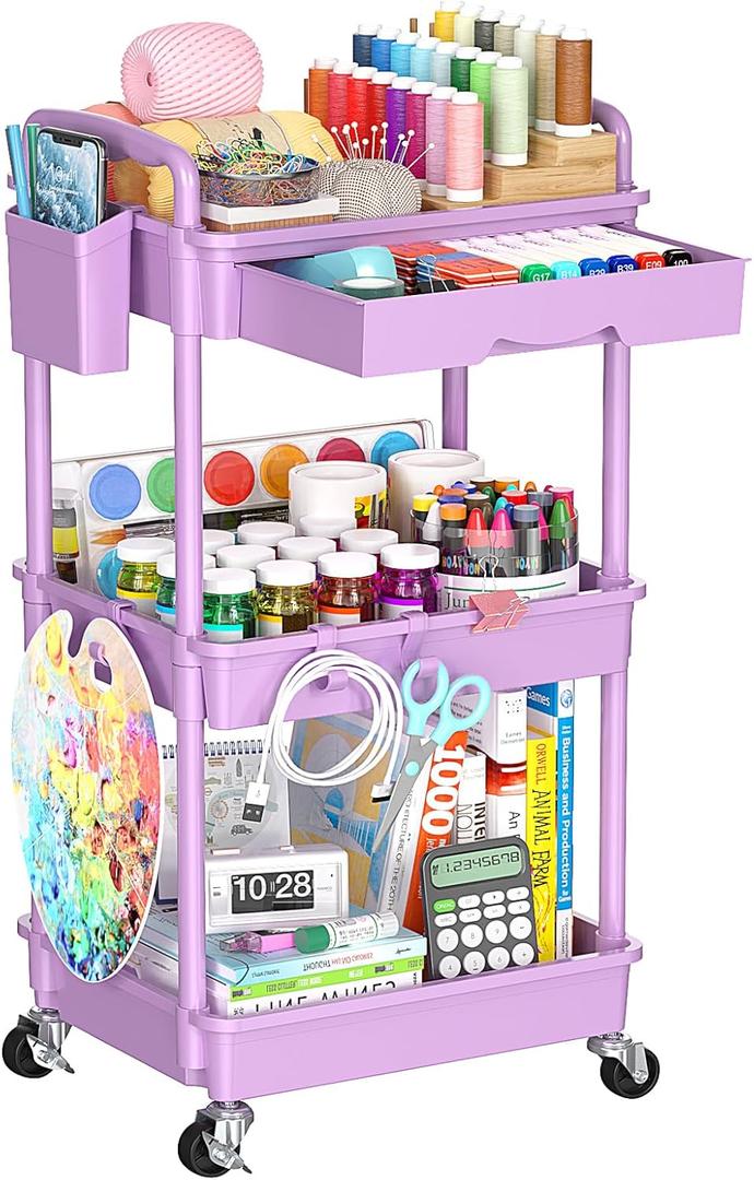 3 Tier Rolling Cart Organizer with Drawer, Bathroom Storage Carts with Wheels & Plastic Shelf, Mobile Storage Organizers for Kitchen, Office, Laundry Room, Baby, Snack, Craft, Makeup, Purple