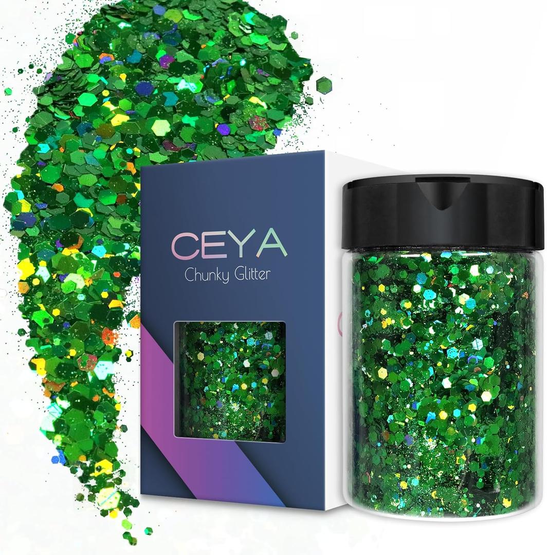 Ceya Holographic Chunky Glitter, 4.9oz/ 140g Green Craft Glitter Powder Mixed Chunky & Fine Flakes Iridescent Nail Sequins for St Patricks Day Party Decor, Epoxy Resin, Tumblers, Slime, Painting