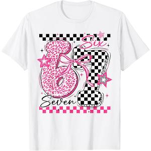 Y2K Groovy Graphic T-Shirt, Pink Cheetah Checkerboard Six Seven T-Shirt, Retro Aesthetic Girls Top, Vintage Style Racing T-Shirt, 67 Meme Tee, Size: M
