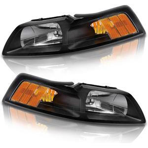 Compatible with 1999 2000 2001 2002 2003 2004 Ford Mustang Headlights Black Housing Amber Reflector Driver and Passenger Side