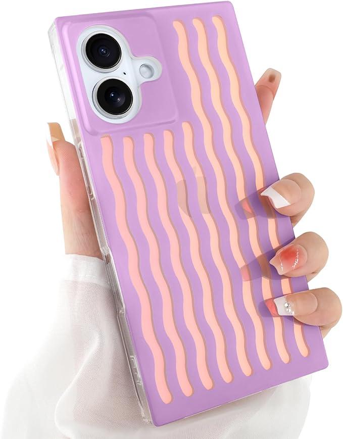 Rectangle Case for iPhone 16 Case for Women Girls Boys, with Iridescent Wave Pattern and Cute Candy Color Design, Kawaii Aesthetic Girly Protective Phone Cover, Light Purple