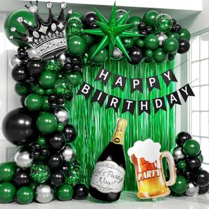 Green Birthday Party Decorations, Green Black Silver Foil Balloons Happy Birthday Banner Fringe Curtains for 16th 18th 21st 24th 32th 40th 50th 60th Birthday Decorations for Men