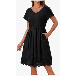 GRACE KARIN Women's Summer Short Sleeve Mini Dress V Neck A Line Casual Embroidery Vacation Beach Short Dresses with Pockets, Size  Medium