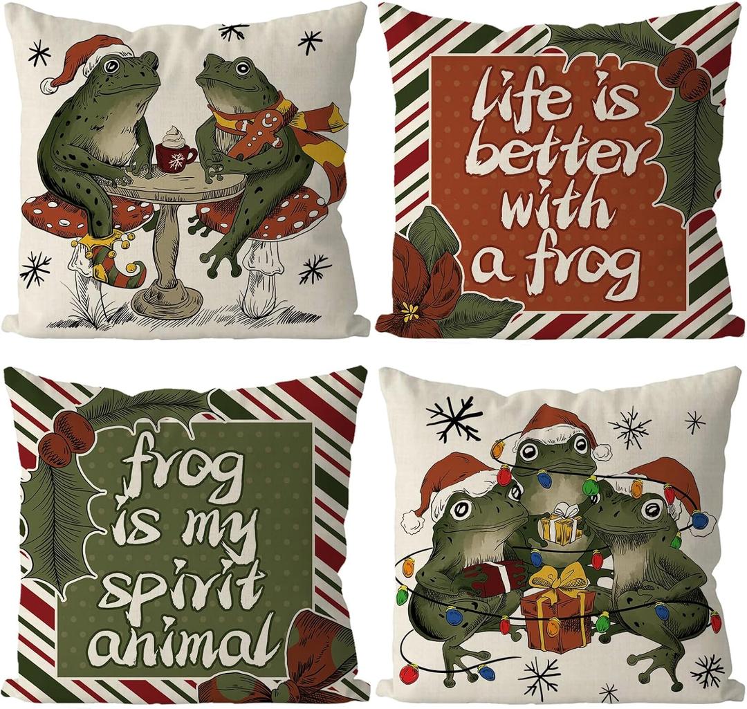 Christmas Frog Pillow Covers Xmas Throw Pillows Home Sofa Living Room Decorative Cushion Case 18x18 Inch Set of 4
