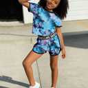 Betusline Girls Summer 2 Piece Outfits,Kids Short Sleeve Crop Top & Shorts Set with Side Pockets (Blue)