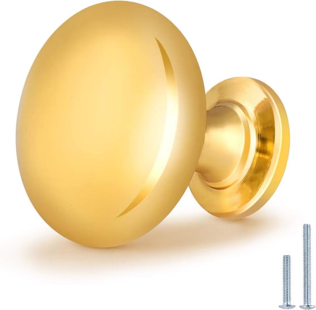 Polished Brass Cabinet Knobs 20 Pack, Solid Gold Round Knob for Drawers Dresser, 1 1/5 Diameter Pull Handle