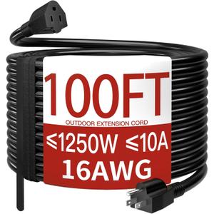 16AWG 10A 1250W 125V 100 Ft Outdoor Extension Cord Waterproof, Weatherproof & Flame Retardant Black 3 Prong Power Cord Outside for Lawn & Garden, SJTW ETL Listed