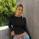 TOB Womens Shirts Long Sleeve Crew Neck Basic Fitted Crop Tops Casual Fashion T-Shirt for Women (Black, M)