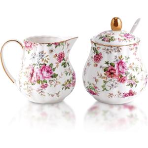 Ceramic Sugar and Creamer Set, 3 Piece Set with Cream Pitcher, Sugar Bowl, Sugar Set with Lid and Spoon (White with flower)