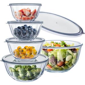 WhiteRhino Glass Bowls with Lids Set of 54.70QT,2.85QT, 1.69QT,1.11QT,0.85QT,Glass Mixing Bowls with Lids,Large Salad Bowls Space-Saving Nesting for Cooking,Baking,Prepping,Dishwasher Safe