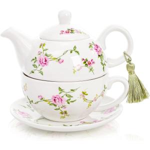 Coloch Tea for One Set, Porcelain Teapot Cup and Saucer Set with Tassel Vintage Floral Ceramic Tea Set for One for Women, Home, Office, Afternoon Tea, Rattan Flower Design