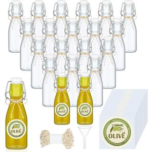 Queekay 20 Pack Mini Swing Top Glass Bottles for Vanilla Extract Homemade Olive Oil Bottles with Lids Airtight Cap Lids Labels for Wedding Baby Shower Favors(5.07 oz,Clear)