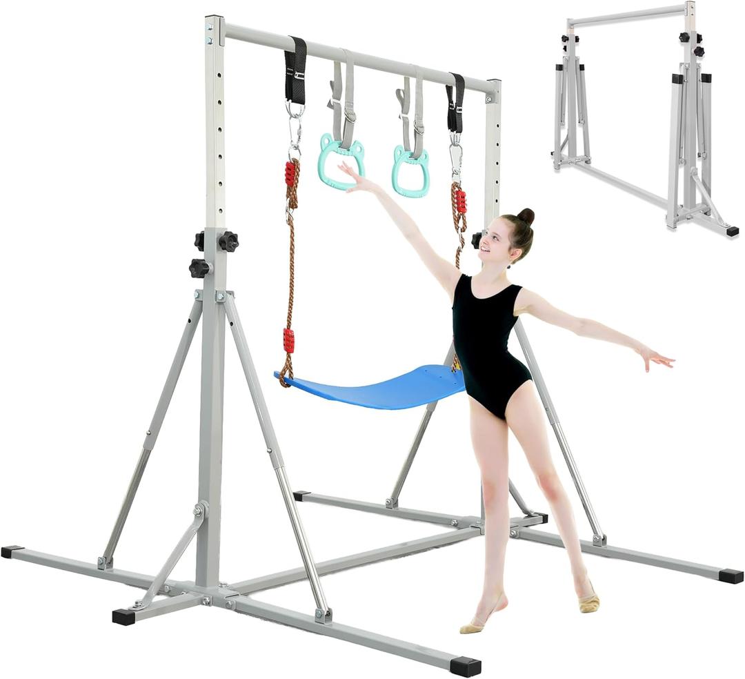 FC FUNCHEER Foldable Gymnastics Bar,5FT Horizontal bar,Adjustable Kids Training bar for Kids Ages 3-15,Kids Gymnastics bar,Triangle Stable Structure-Gym Equipment for Home