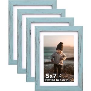 KINLINK 5x7 Picture Frame Turmaline Blue Set of 4, Wooden Photo Frames Matted 4x6 with Plexiglass for 4x6 with Mat or 5x7 without Mat for Table and Wall Display