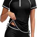 Girls Swimsuit Rash Guard Bathing Suit for Girls 2 Piece Short Sleeve Solid Color UPF 50+ Padded Zip Swimwear, Size: 15-16 Years