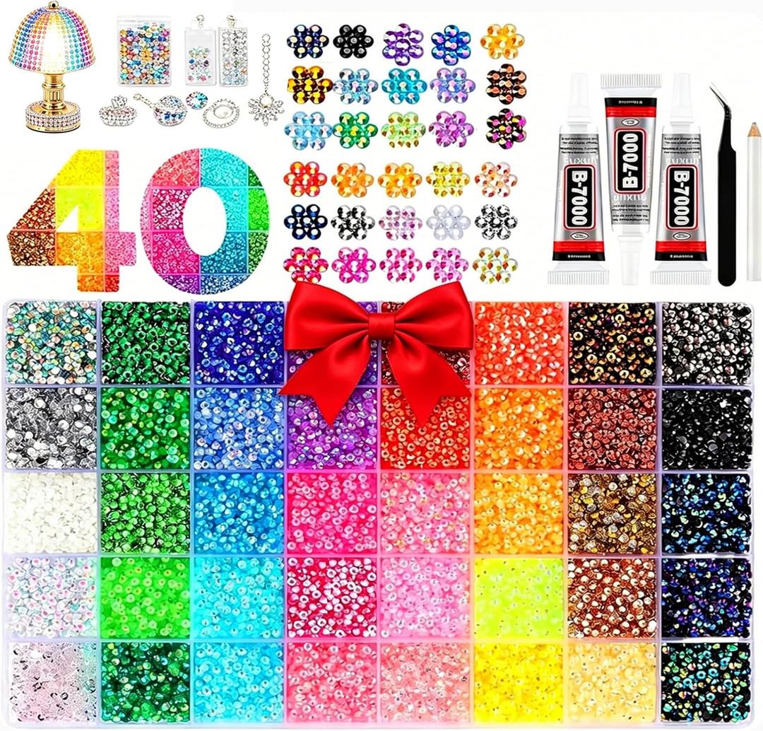 40000Pcs 40 Colors Jelly Resin Rhinestones for Bedazzling, 3mm Flatback Gems with B7000 Glue & Tweezers, Multicolor Flat Back Kit for Clothing, Shoes, Nail Art, Diamond Art, Jewelry Making