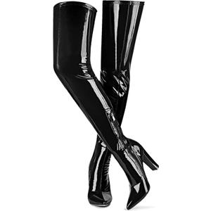 Women Thigh High Boots Chunky Heel Over The Knee Boots Patent Leather PU Stretchy Tall Boots Sexy Pointed Toe Fashion GOGO Boots Prom Party Knee High Boots (9, Black)