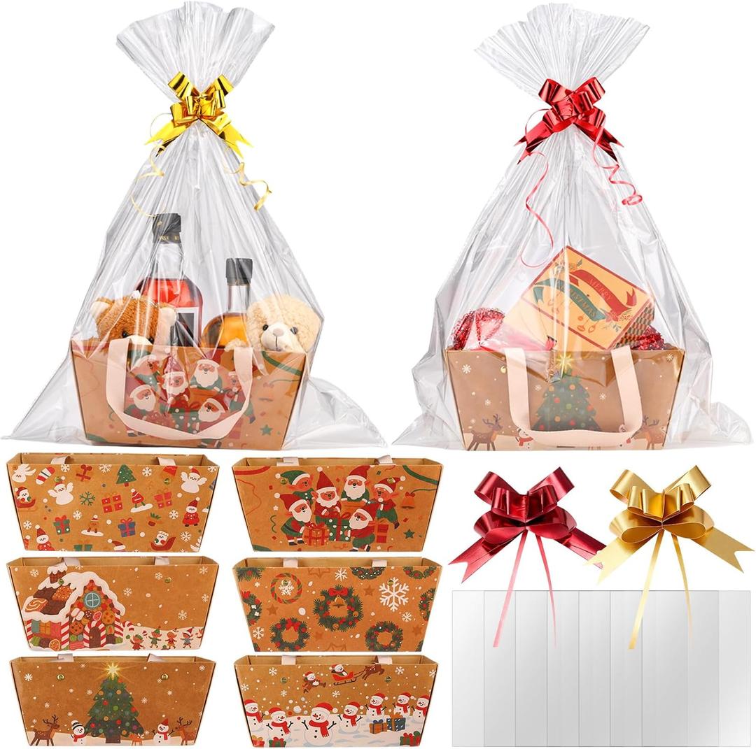 Eaasty 24 Pack Christmas Baskets for Gifts Empty Bulk 9.8'' x 6.5'' x 4.3'' Kraft Empty Gift Basket Kit with Handle Wrapping Bag Bow Sturdy Market Tray to Fill for Christmas Party Favor