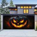 Halloween Garage Door Cover 13x6ft Scary Pumpkin Face Garage Backdrop Evil Jack O Lantern Banner Outdoor Halloween Door Decoration for Haunted House Yard Trick or Treat Decor Backdrop