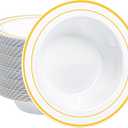 100 PCS Plastic Bowls with Gold Rim, 12oz Premium Heavy Duty Soup Bowls, Dessert and Salad Bowls for Party, Wedding and Holiday