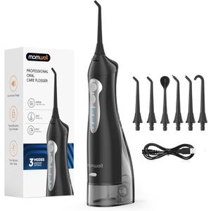 Mornwell Water Flosser Cordless, Water Flossers for Teeth - 300ML Tank and 4 Jet Tips, 3 Modes Portable Dental Oral Irrigator, Braces Care, Rechargeable Waterproof Portable Water Flosser (Black A)