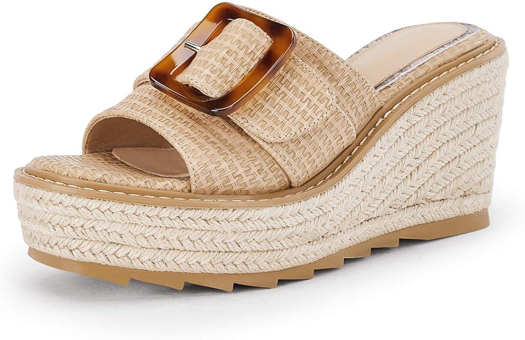 Coutgo Women's Wedge Platform Espadrille Slide Sandals Slip On Open Toe High Heels Buckle Casual Summer Shoes (Size 5½)