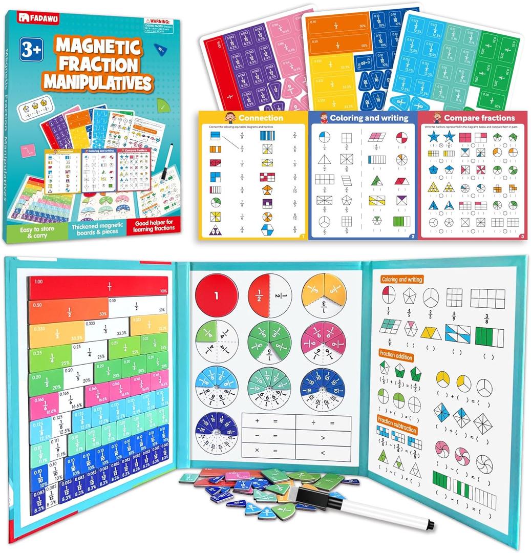 Magnetic Fraction Educational Puzzle, Magnetic Fraction Demonstration Book with Fraction Tiles & Circles, Montessori Fraction Manipulatives for Elementary School, Maths Learning Toys for Kids (Turquoise (8.86 X 7.09 In))