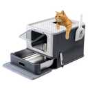 Marchul Stainless Steel Cat Litter Box with Lid & Drawer, Adjustable Front Entry Top Exit Kitty Box, Large Metal Covered Litter Box with Scoop & Litter Mat, Dark Gray