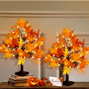 CKE 2 Pcs 24 Inch Artificial Fall Tree Lighted Maple Tree Battery USB Operated w/Timer, 24 LED Thanksgiving Decorations Table Lights Tree for Autumn Wedding Party Gift Indoor Outdoor Harvest Home Deco