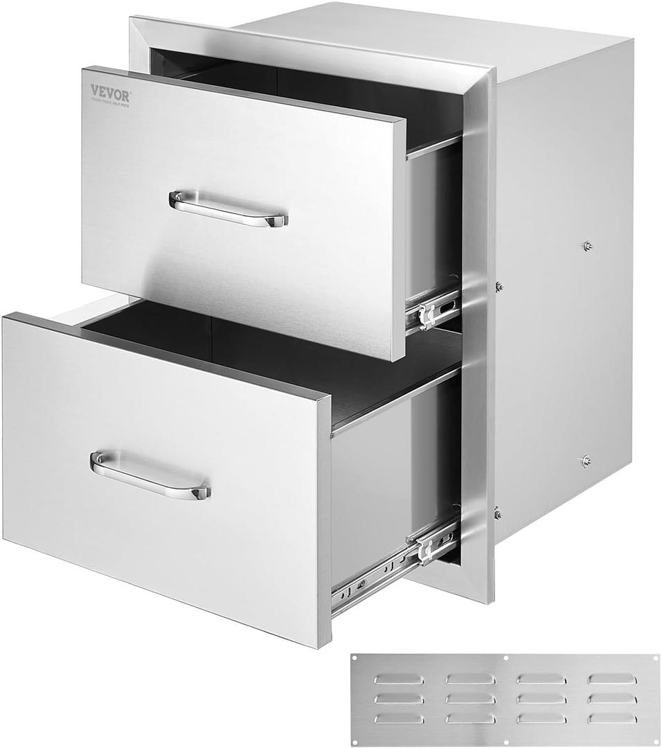 VEVOR Outdoor Kitchen Drawers, 17.8W x 20.2H x 12.2D Inch, Flush Mount Double BBQ Drawer, Stainless Steel BBQ Island with Handle, for Outdoor Kitchens or Patio Grill Station