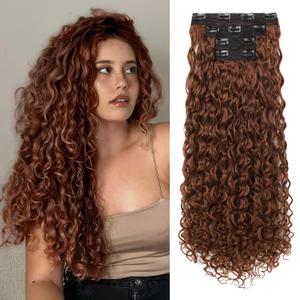 LONAI 4PC Clip in Hair Extensions, 100 Pure Protein Silk Curly Hair Extension for Women, 26 Inch Long Soft Natural Hair Extensions-Copper Red