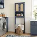 Over The Toilet Storage Cabinet with Rattan Doors, Boho Farmhouse Bathroom Organizer Over Toilet, 5-Level Adjustable Bottom Bar Fits Water Valve, 3 Adjustable Inner Shelves, Navy Blue, 24"x70"