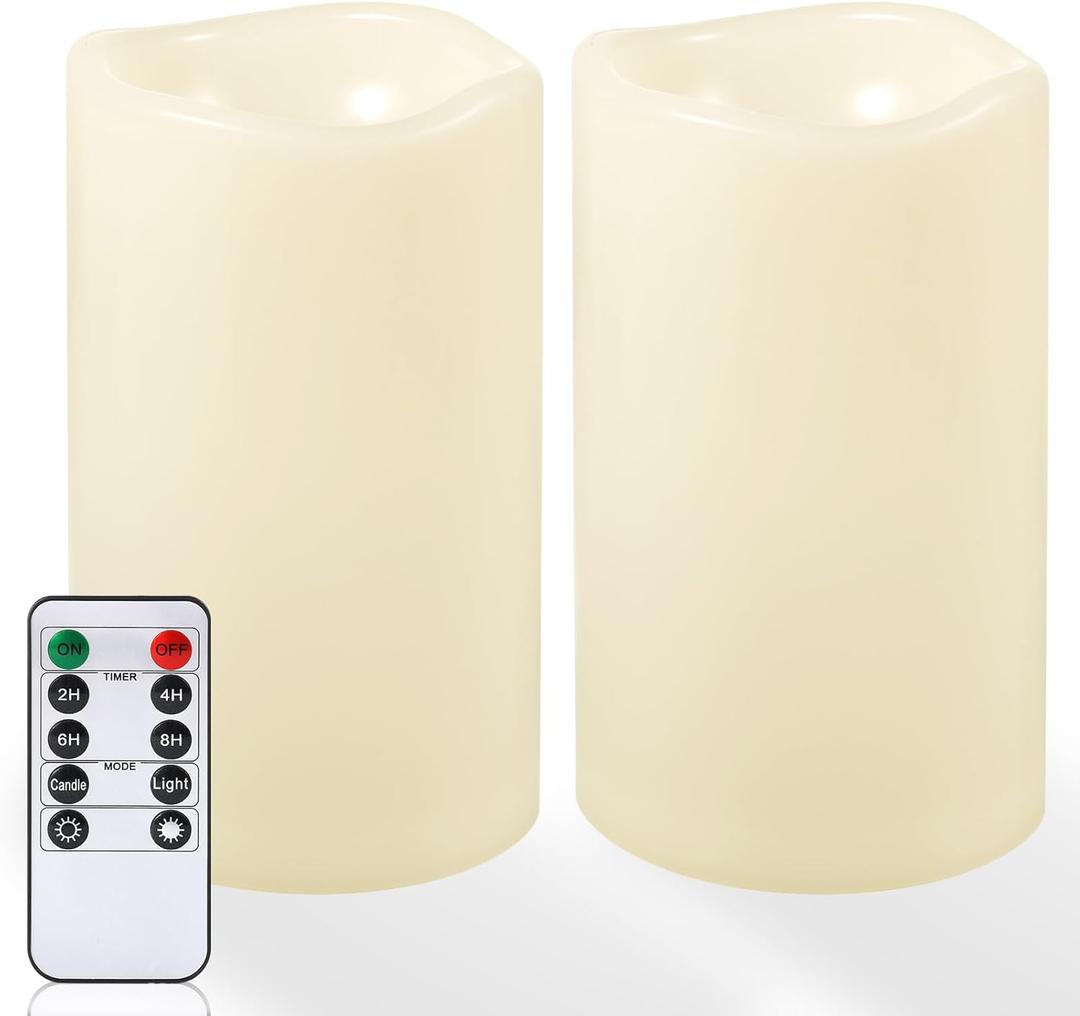 NURADA 6" x 4" Large Outdoor Flameless Candles - Waterproof LED Pillar Flickering Candle Battery Operated with Timer Remote Control for Patio Porch Lanterns Decor - Long Lasting Set of 2 (Ivory White)