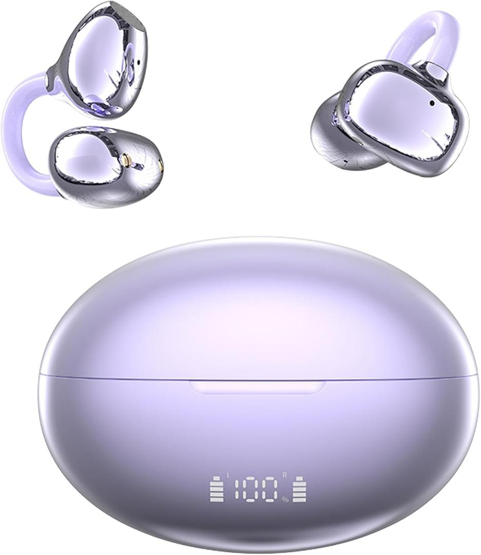 ClipFree Open-Ear Headphones, Upgraded V6.1 Bluetooth Wireless headsets, Comfort & Snug Fit Clip On Earbuds, Smart Power Display, 50H Playtime Headphones for Women Gifts, Sports & Workouts-Purple