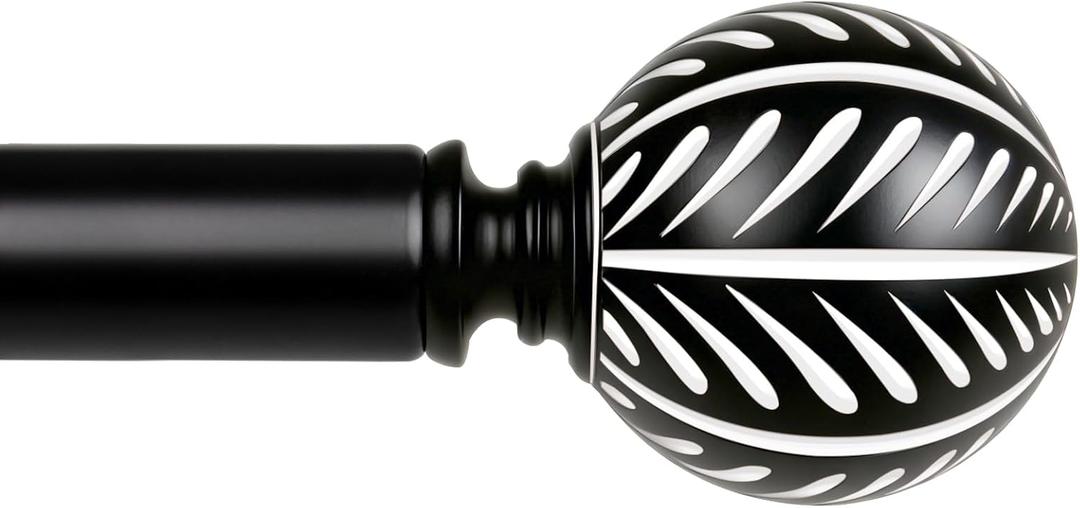 KAMANINA Wood Curtain Rods for Windows 32 to 58 Inch(2.6-4.8ft), 1 Inch Adjustable Drapery Rod, Decorative Heavy Duty Curtain Rods with Leaf Pattern Finials, Black