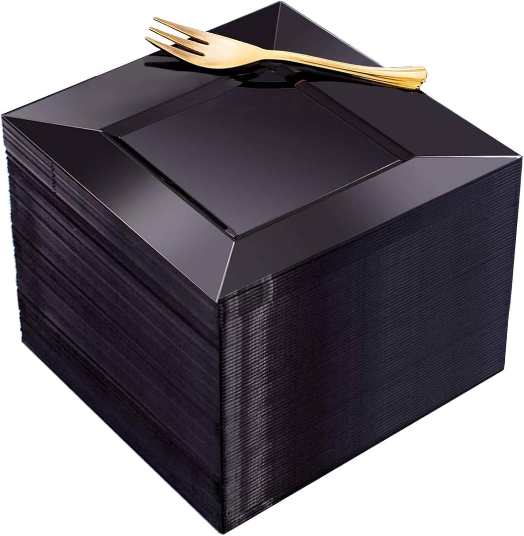 Supernal 200pcs Black Dessert Plates with 100pcs Gold Dessert Forks,100pcsElegant Appetizer Salad Plastic Plates,Black Square Cake Plates for Party,Birthday, Wedding,Afternoon Tea Easter