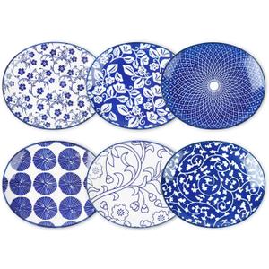 Selamica Small Dinner Plates, Oval Dessert Plates Ceramic, 6 Inch Small Plates for Appetizer, Cake, Snacks, Microwave Dishwasher Safe, Set of 6, Vintage Blue