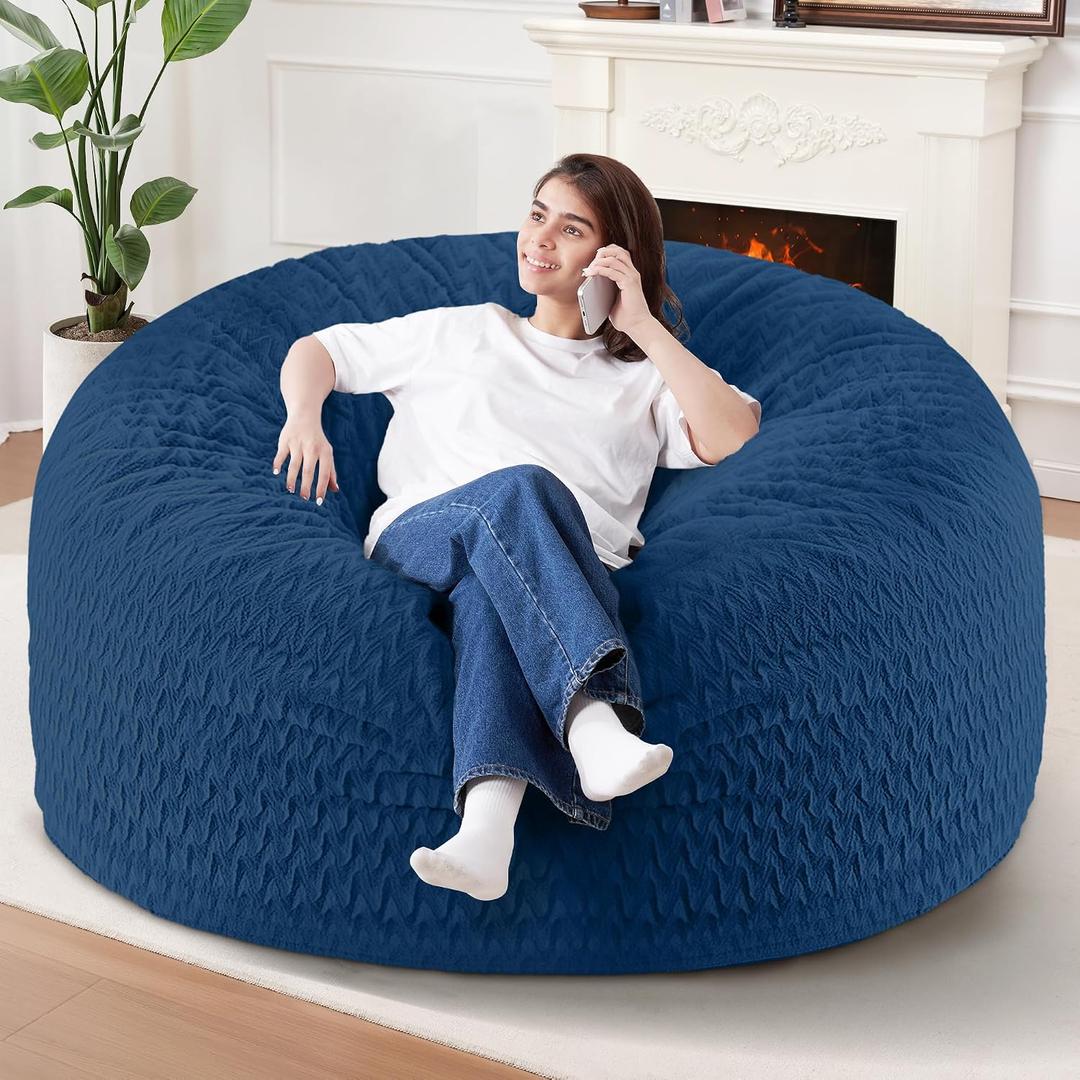 5FT Bean Bag Chair,Giant Bean Bag Chairs for Adults,Big Bean Bags with Memory Foam Filled, Large Beanbag Chairs with Chevron Plush Cover-Blue, 5FT-50"x50"x24"