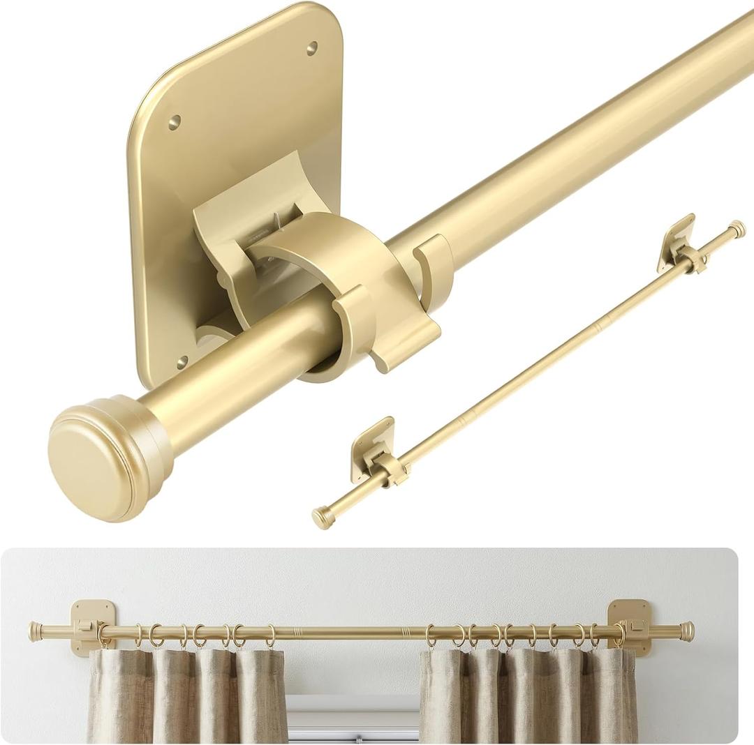 Curtain Rods No Drilling for Windows 30-75 Inch, Renter Friendly Adjustable Curtain Rod, Heavy Duty Metal Drapery Rods with Adhesive Brackets, Gold