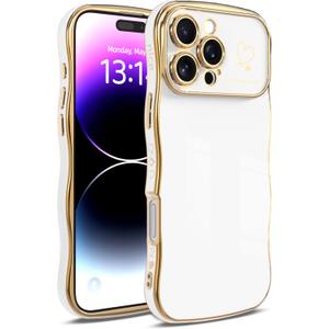 for iPhone 14 Case for Women & Girls - Cute Wave Design with Curly Shape, Heart Pattern, Raised Camera Protection, Luxury Plating, ShockproofiPhone 14, White