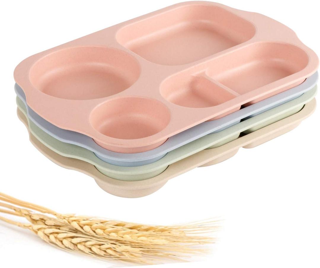 shopwithgreen Divided Plates for Kids Adults, 12 Inch Unbreakable Wheat Straw Portion Control Plates, Large Lightweight Reusable Compartment Lunch Trays, BPA Free Dishwasher & Microwave Safe,4 PCS (Blush)