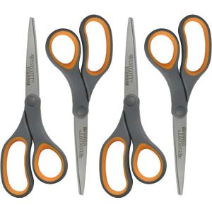 Westcott 8-Inch Titanium Bonded Straight Scissors, Soft Handle, Gray/Yellow, 4-Pack